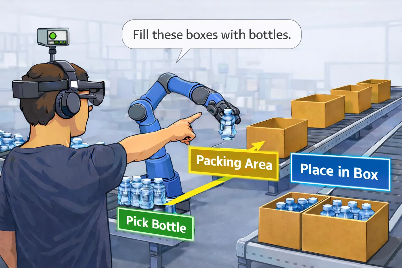 Operator met een XR-headset wijst naar een transportband terwijl een robotarm een fles pakt; holografische labels tonen Pick Bottle, Packing Area en Place in Box