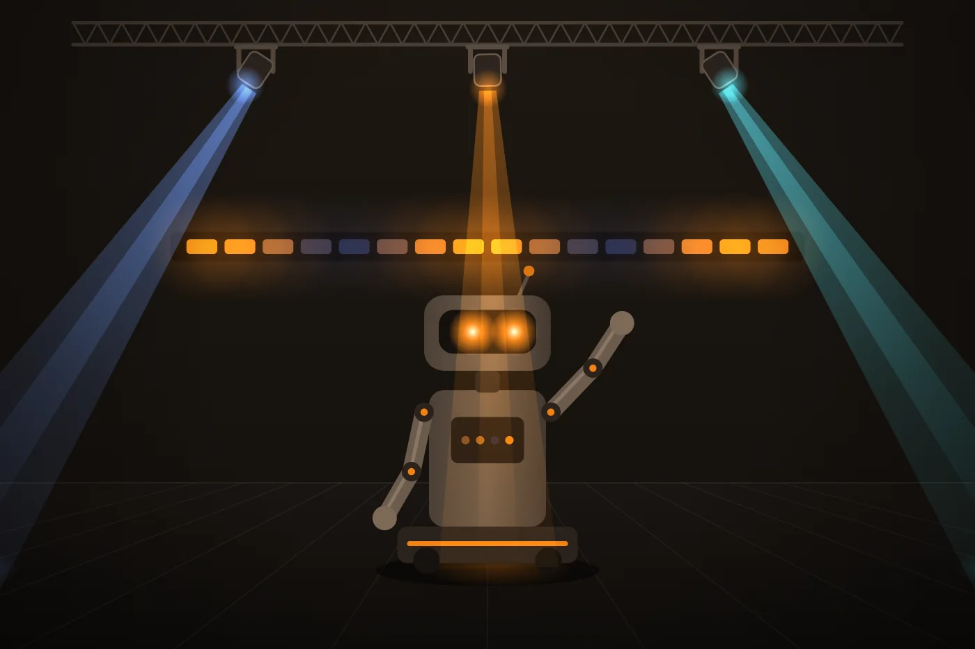 Illustratie van een Stagion-show: bewegende lampen aan een truss, een ledbalk en een zwaaiende robot, allemaal aangestuurd door één cuelijst